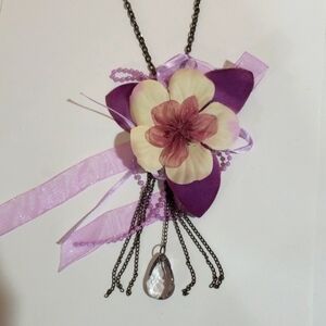 Gunmetal Chain Purple Flower Fabric Brooch Fringe Necklace Set - Fashion Jewelry